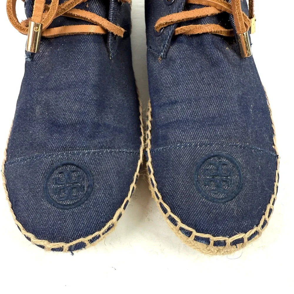 Tory‎ Burch High Top Denim Espadrille Shoes 8 Lace Up Bootie Womens Designer
